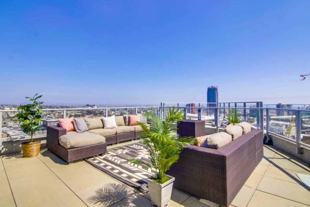 Spacious patio with amazing views of San Diego Bay and the cityscape.