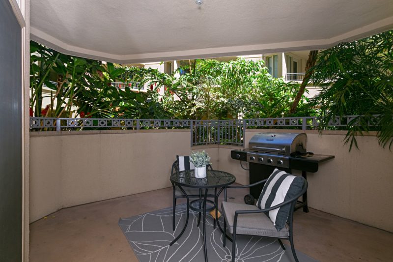 Private, shaded patio with a dinette.
