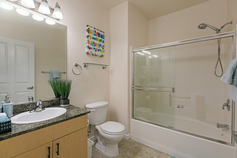 Combined shower-bathtub in the bathroom.