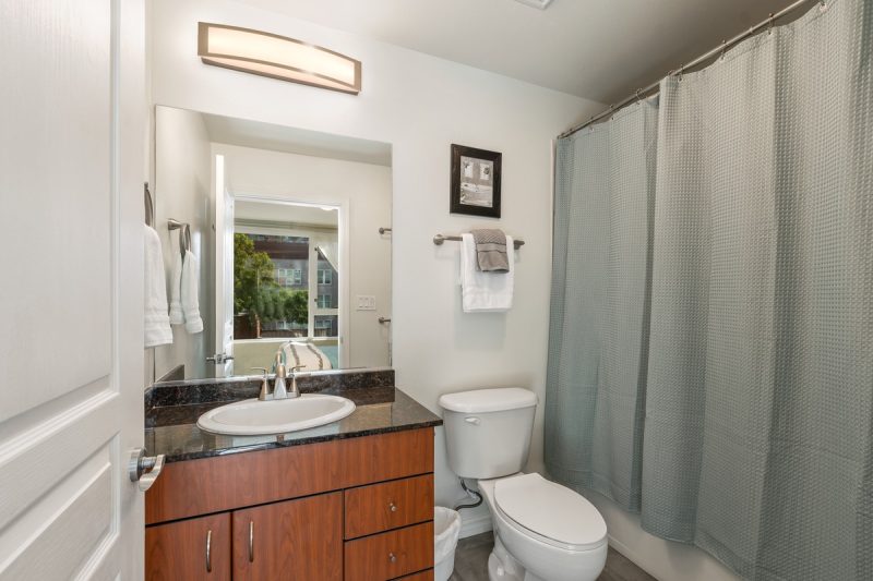 Guest bathroom with combination shower-bathtub.