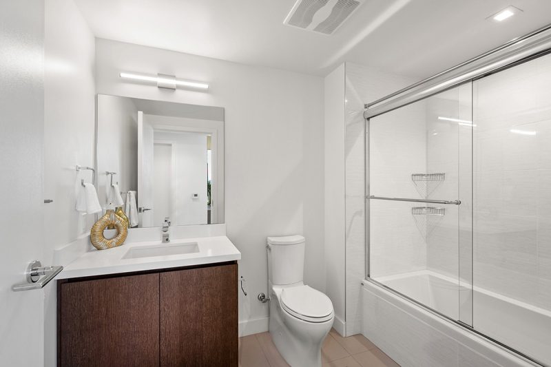 Combined shower-bathtub in the guest bathroom.