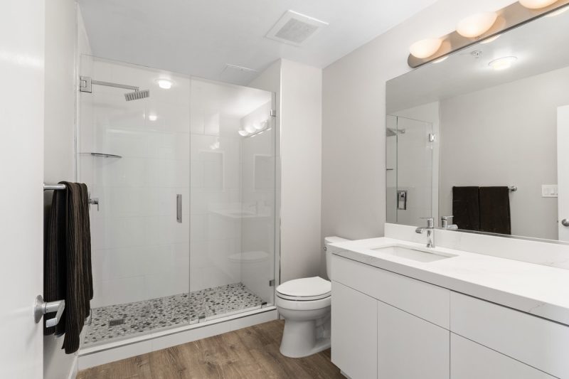 Updated bathroom with large, walk-in shower.