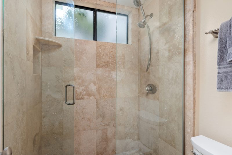 Large, walk-in shower in the bathroom.