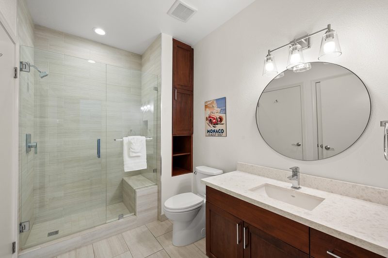 View of the bathroom with a large walk-in shower.