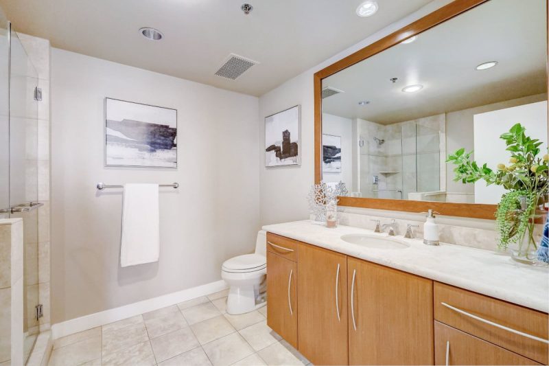 Guest bathroom with a walk-in shower and a freestanding bathtub.