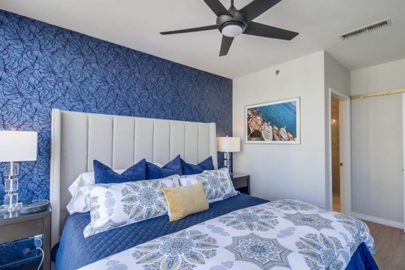 Master bedroom with vibrant blue accent wall.