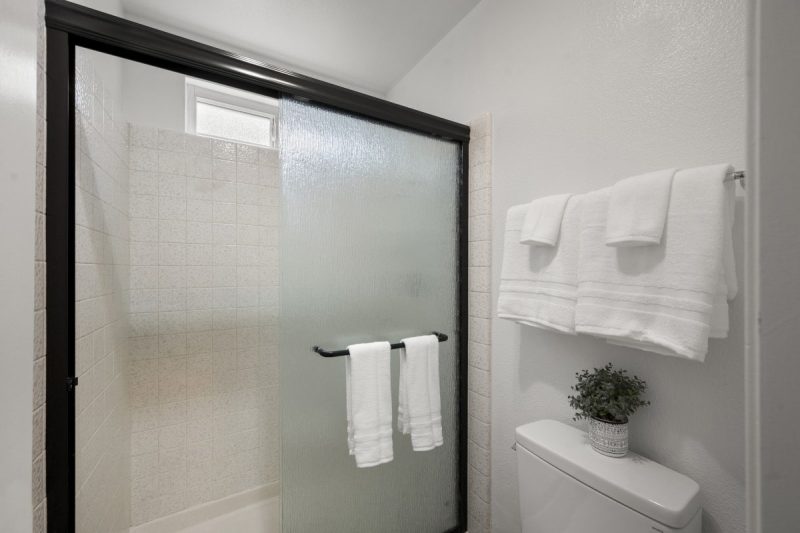 View of the guest bathroom with a combined shower-bathtub.